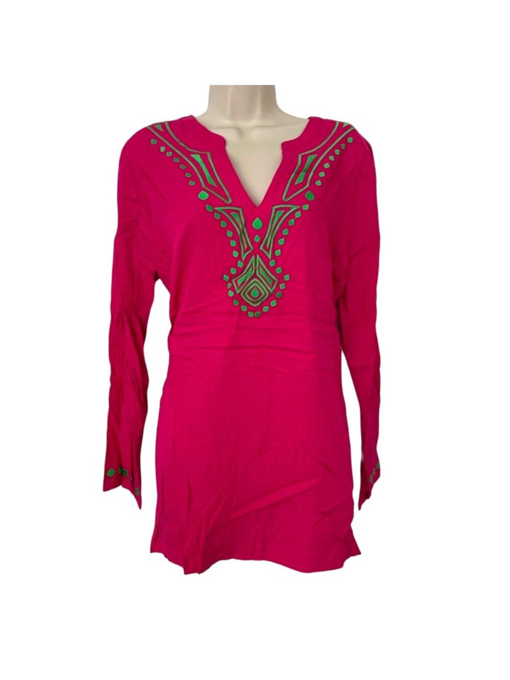 Escapada Embroidered Finley Top Womens Hot Pink Green Long Sleeve Tunic Size M